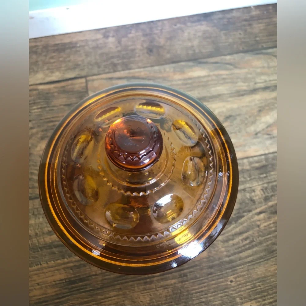 Indiana Glass Vtg 1950 Amber Kings Crown Thumbprint Pedestal Candy Dish W/ Lid